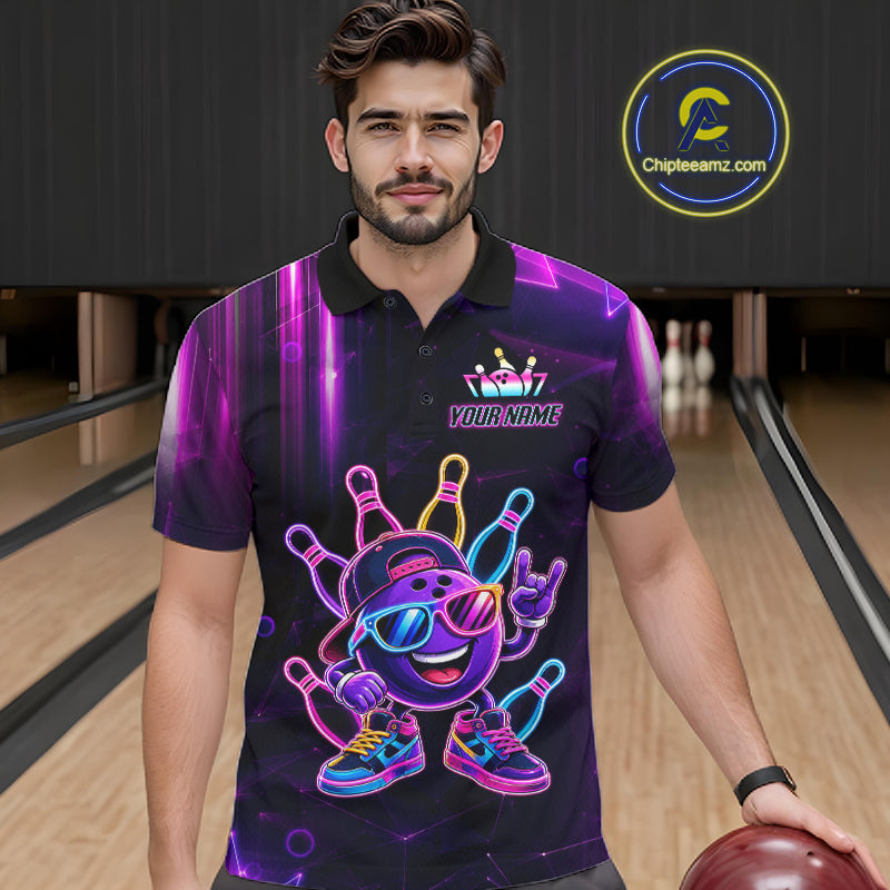 Funny Neon Bowling Ball Polo & Quarter Zip Shirt For Men Custom Bowling Team Shirt, Bowling Jersey TDM6519
