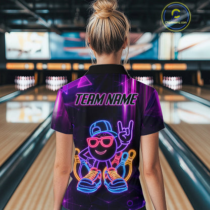 Funny Neon Bowling Ball Polo & Quarter Zip Shirt For Women Custom Bowling League Team Jersey TDM6520