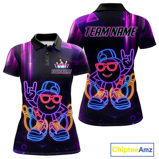 Funny Neon Bowling Ball Polo & Quarter Zip Shirt For Women Custom Bowling League Team Jersey TDM6520