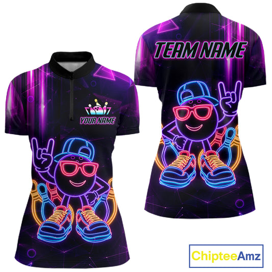 Funny Neon Bowling Ball Polo & Quarter Zip Shirt For Women Custom Bowling League Team Jersey TDM6520