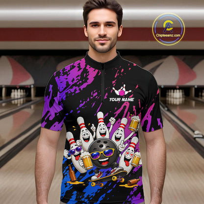 Custom Blue Purple Funny Bowling Pins Beer Bowling Shirts For Men Personalized Bowling Team Jersey TDM7255