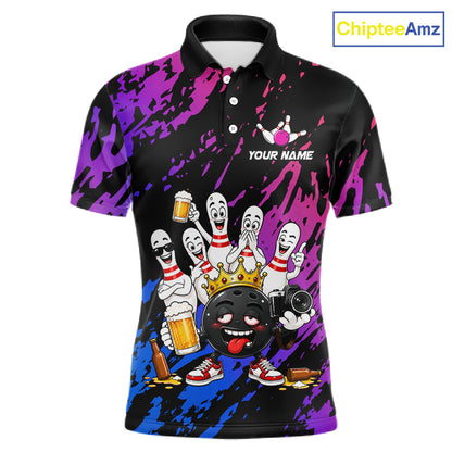Custom Blue Purple Funny Drunk Bowling Pins Crown Bowling Shirts For Men, Bowling Team Jersey TDM7256