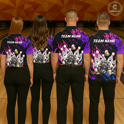 Custom Blue Purple Funny Drunk Raccoon Bowling Shirt For Men Personalized Beer Bowling Team Jersey TDM7258