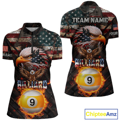 American Flag 9 Ball Fire Custom Eagle Billiard Shirt For Women, Patriotic Pool Jersey Polo, 1/4 Zip TDM5931