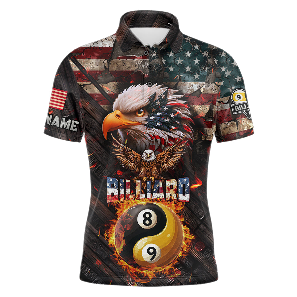 American Flag 8 & 9 Ball Yin-Yang Fire Custom Eagle Billiard Shirt For Men, Pool Team Jersey TDM5933