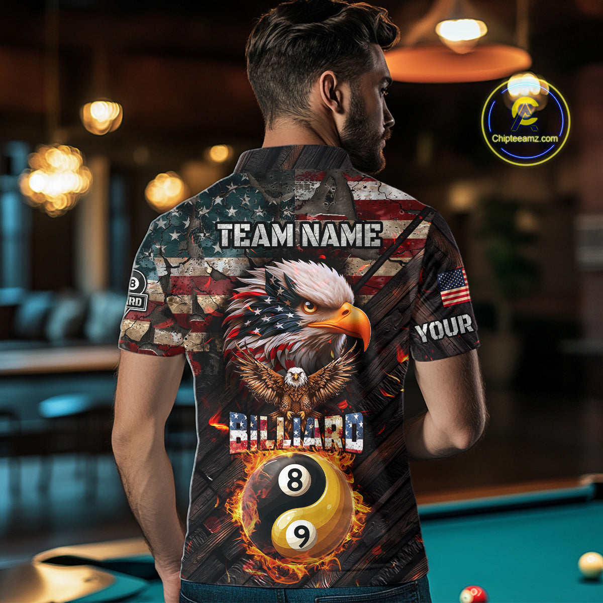 American Flag 8 & 9 Ball Yin-Yang Fire Custom Eagle Billiard Shirt For Men, Pool Team Jersey TDM5933