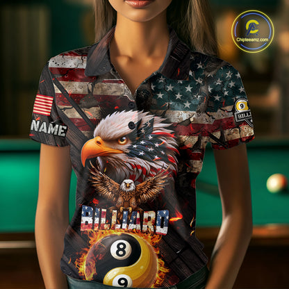 American Flag 8 & 9 Ball Yin-Yang Fire Custom Eagle Billiard Shirt For Women, Pool Team Jersey TDM5933