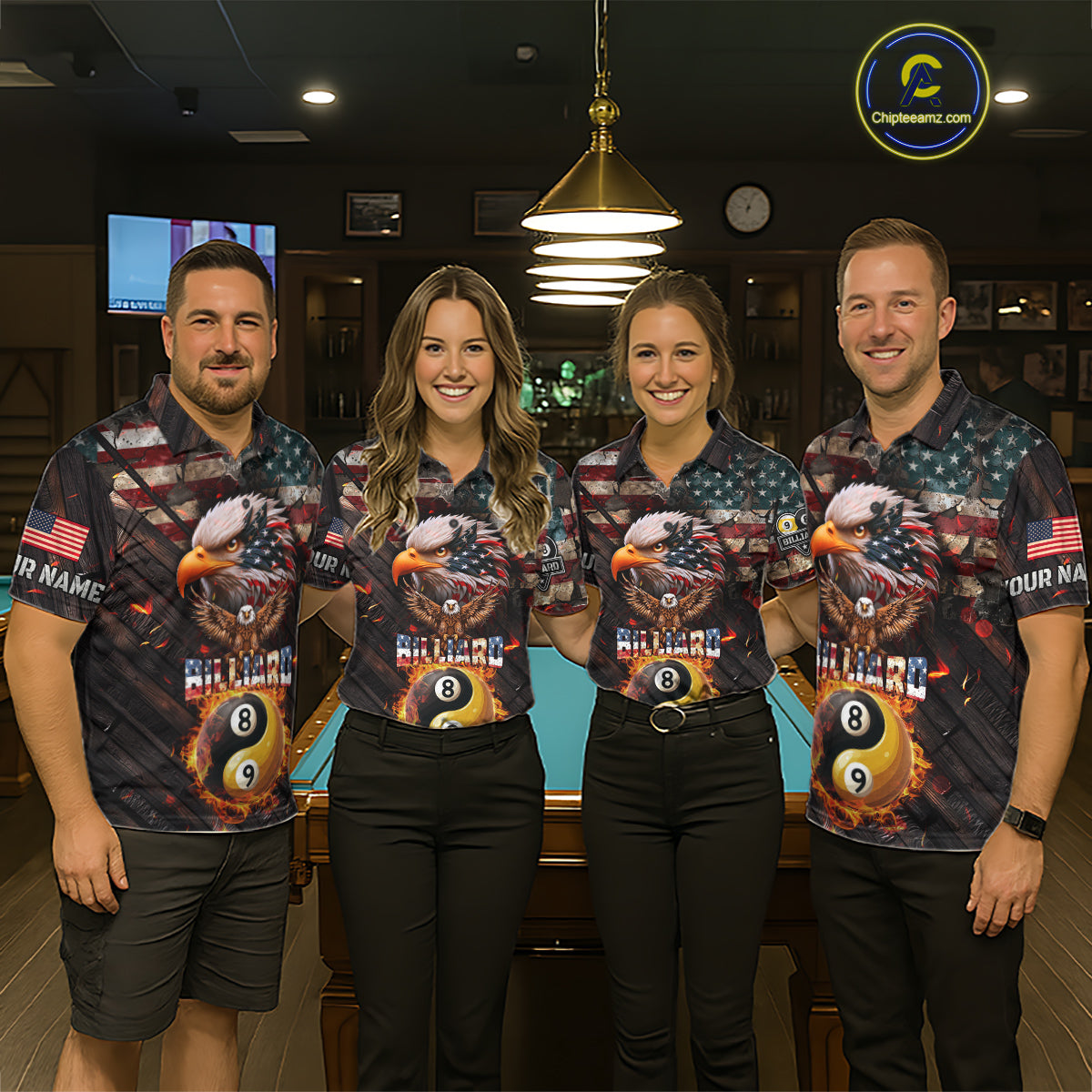 American Flag 8 & 9 Ball Yin-Yang Fire Custom Eagle Billiard Shirt For Men, Pool Team Jersey TDM5933