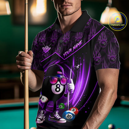 Purple Funny 8 Ball Pool Billiard Shirt For Men Custom Flame Billiard Team Jersey Polo & 1/4 Zip TDM6348