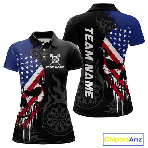 Grunge American Flag Skull Darts Shirt For Women Custom Patriotic Darts Team Jerseys Polo & 1/4 Zip TDM4197