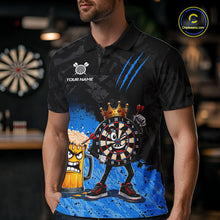 Load image into Gallery viewer, Man wearing personalized blue funny crown dartboard beer darts team jersey polo shirt featuring crown dartboard beer artwork, front view.