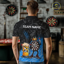 Load image into Gallery viewer, Man wearing personalized blue funny crown dartboard beer darts team jersey polo shirt featuring crown dartboard beer artwork, back view.