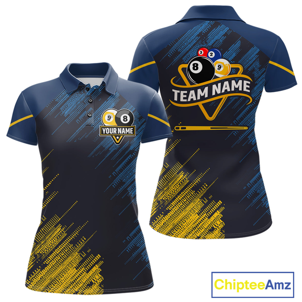 Personalized Blue Yellow 8 Ball & 9 Ball Pool Polo & 1/4 Zip For Women Custom Team Billiard Jersey TDM5745