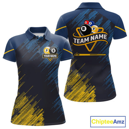 Personalized Blue Yellow 8 Ball & 9 Ball Pool Polo & 1/4 Zip For Women Custom Team Billiard Jersey TDM5745