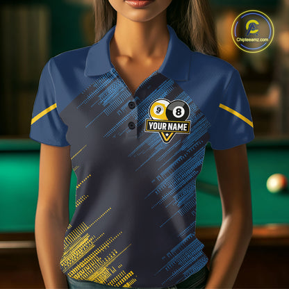 Personalized Blue Yellow 8 Ball & 9 Ball Pool Polo & 1/4 Zip For Women Custom Team Billiard Jersey TDM5745