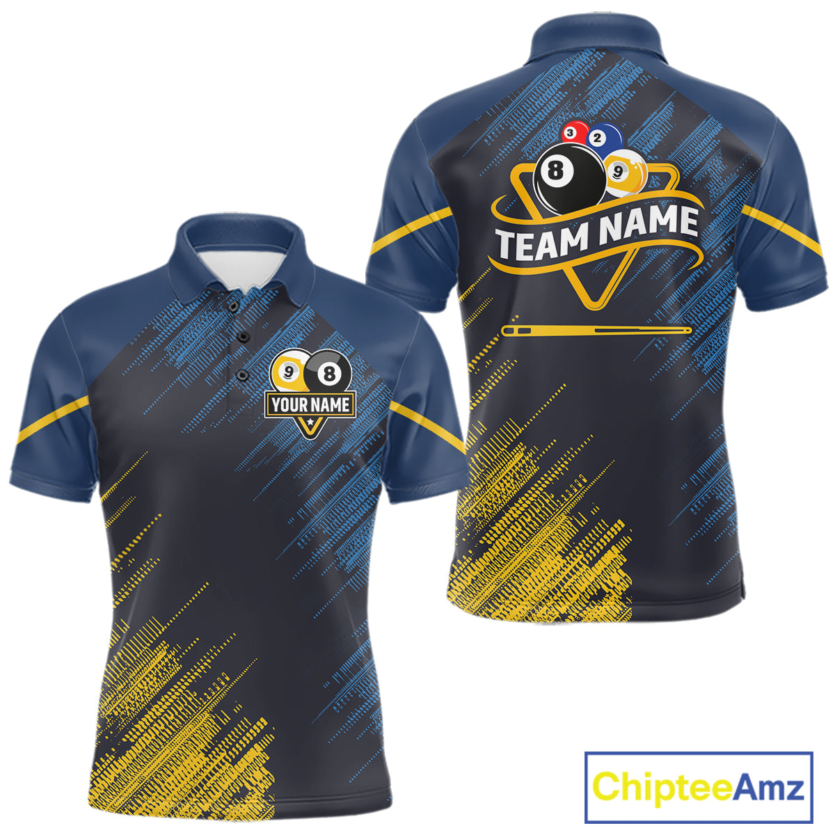 Personalized Blue Yellow 8 Ball & 9 Ball Pool Polo & 1/4 Zip For Men Custom Team Billiard Jersey TDM5745