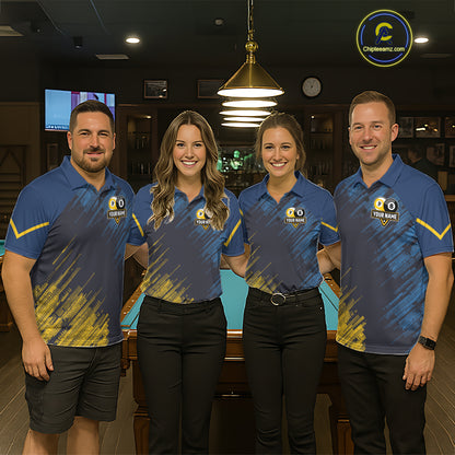 Personalized Blue Yellow 8 Ball & 9 Ball Pool Polo & 1/4 Zip For Women Custom Team Billiard Jersey TDM5745