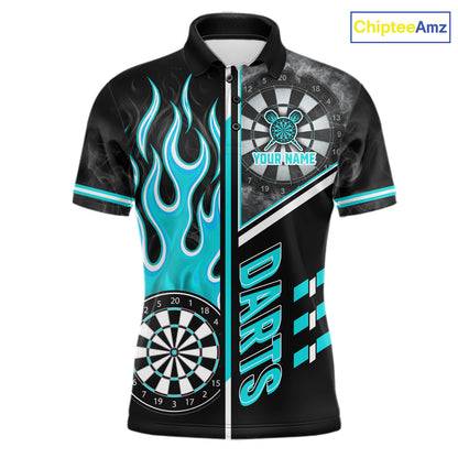 Black And Turquoise Flaming Smoke Darts Shirt For Men Custom Darts Jersey Team Polo & 1/4 Zip TDM6097