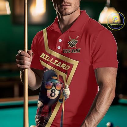 Red Funny 8 Ball Pool Billiard Shirt For Men Custom Gold Billiard Team Jersey Polo & 1/4 Zip TDM6354
