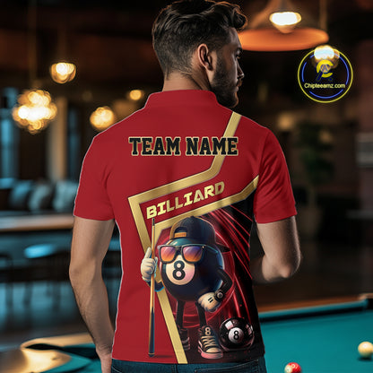 Red Funny 8 Ball Pool Billiard Shirt For Men Custom Gold Billiard Team Jersey Polo & 1/4 Zip TDM6354