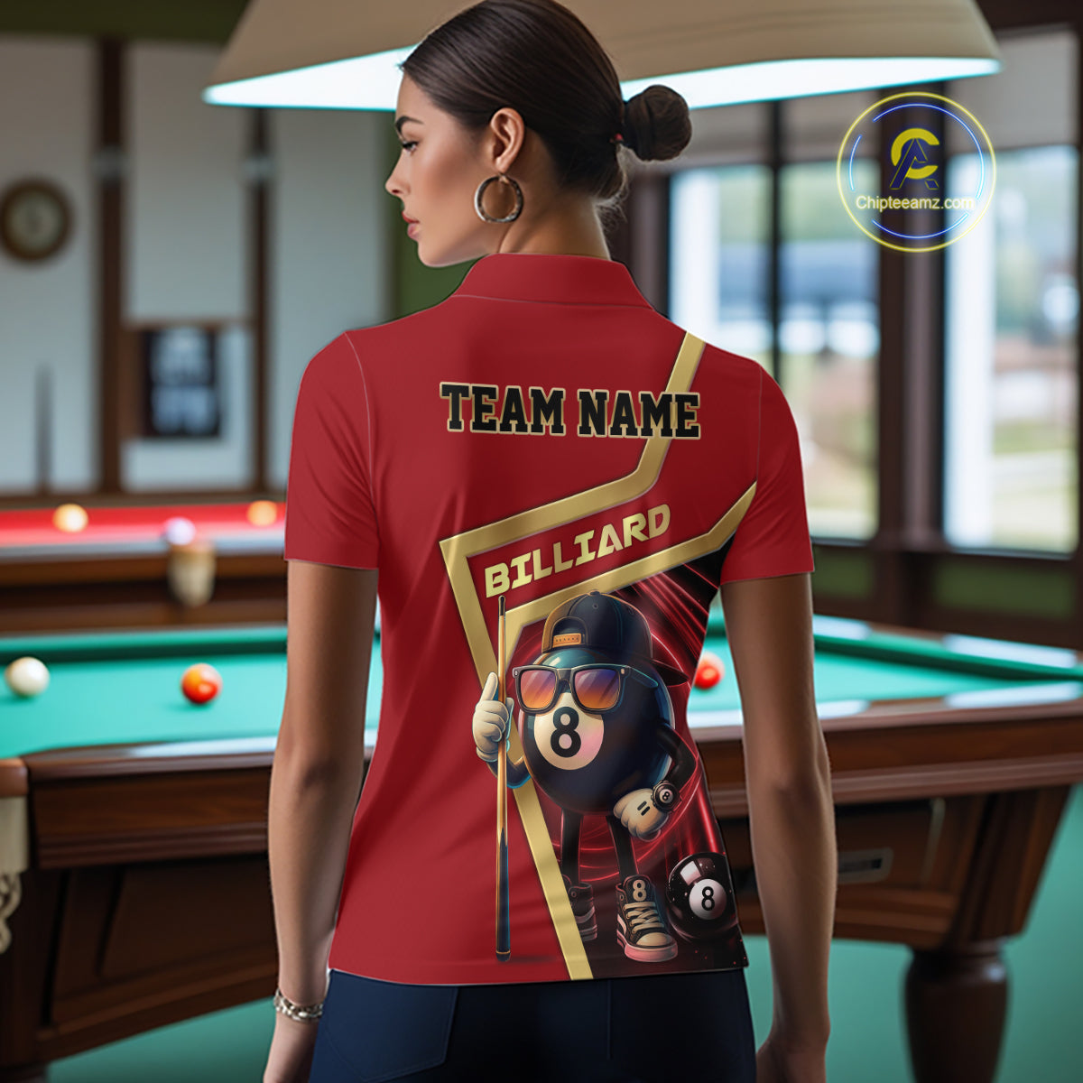 Red Funny 8 Ball Pool Billiard Shirt For Women Custom Gold Billiard Team Jersey Polo & 1/4 Zip TDM6354