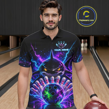 Neon Funny Shark Bowling Jersey Polo & 1/4 Zip For Men Custom Bowling Team Jersey, Bowling Uniform TDM6360