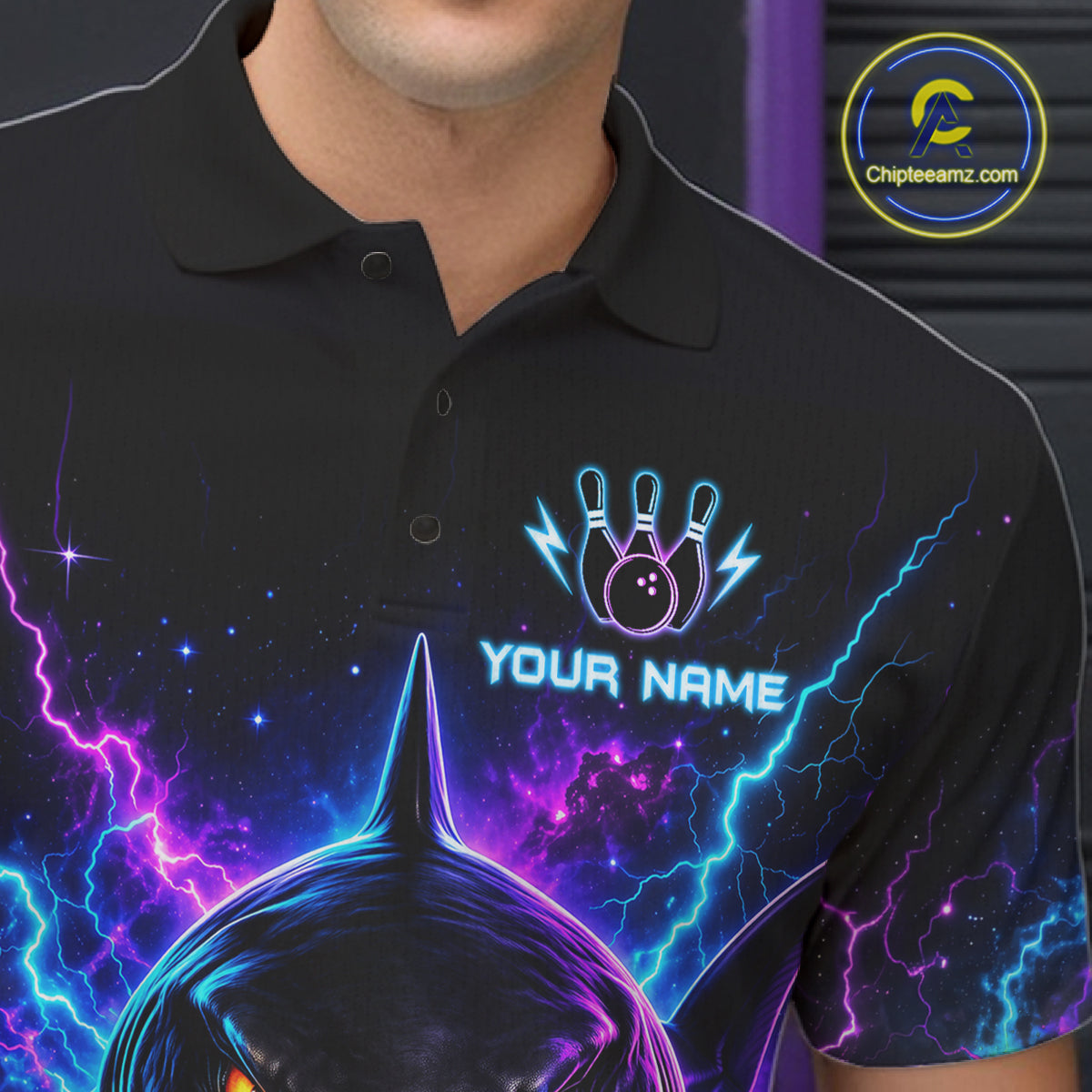 Neon Funny Shark Bowling Jersey Polo & 1/4 Zip For Men Custom Bowling Team Jersey, Bowling Uniform TDM6360