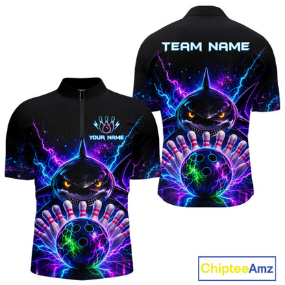 Neon Funny Shark Bowling Jersey Polo & 1/4 Zip For Men Custom Bowling Team Jersey, Bowling Uniform TDM6360