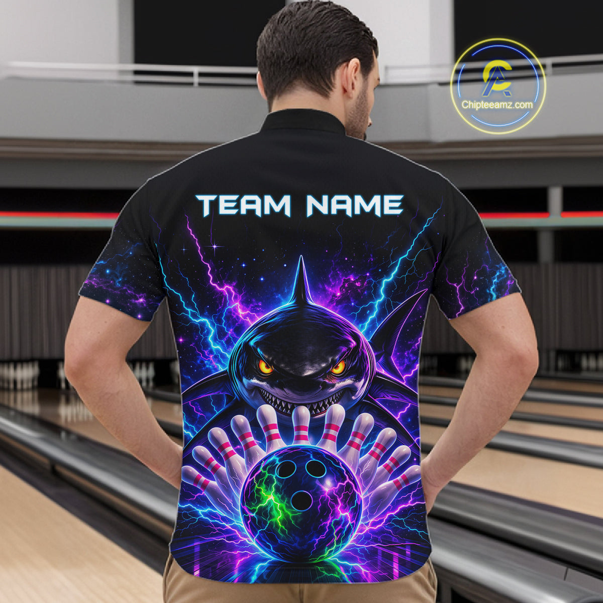 Neon Funny Shark Bowling Jersey Polo & 1/4 Zip For Men Custom Bowling Team Jersey, Bowling Uniform TDM6360