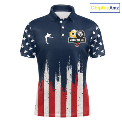 American flag 8 ball and 9 ball pool billiard team jersey polo shirt for men featuring patriotic USA artwork, premium custom billiard team apparel for league play and tournaments.
