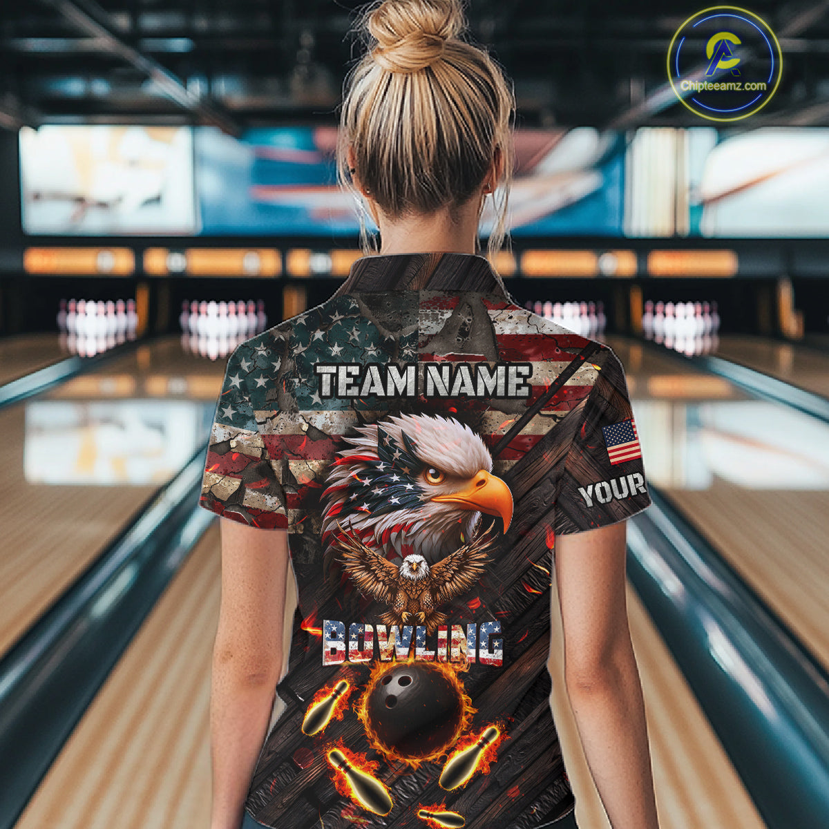 Vintage American Flag Bowling Shirt For Women Custom Eagle Bowling Team Jersey Polo & 1/4 Zip TDM6107