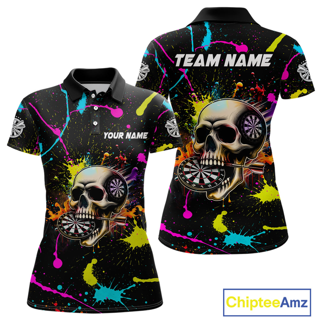 Personalized Funny Skull Colorful Paint Dart Shirt For Women Custom Darts Team Jersey Polo & 1/4 Zip TDM4213