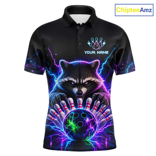 Neon raccoon bowling polo shirt for men with custom bowling team graphics.