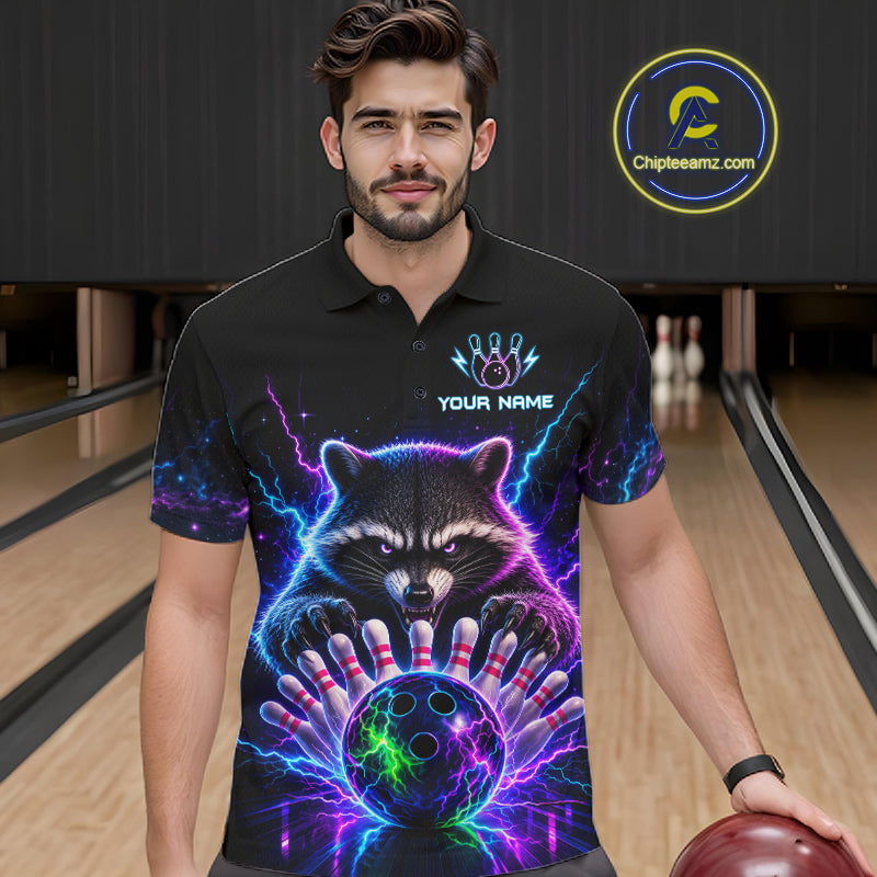 Man wearing a neon raccoon bowling polo shirt at a bowling alley front view.