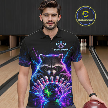 Man wearing a neon raccoon bowling polo shirt at a bowling alley front view.
