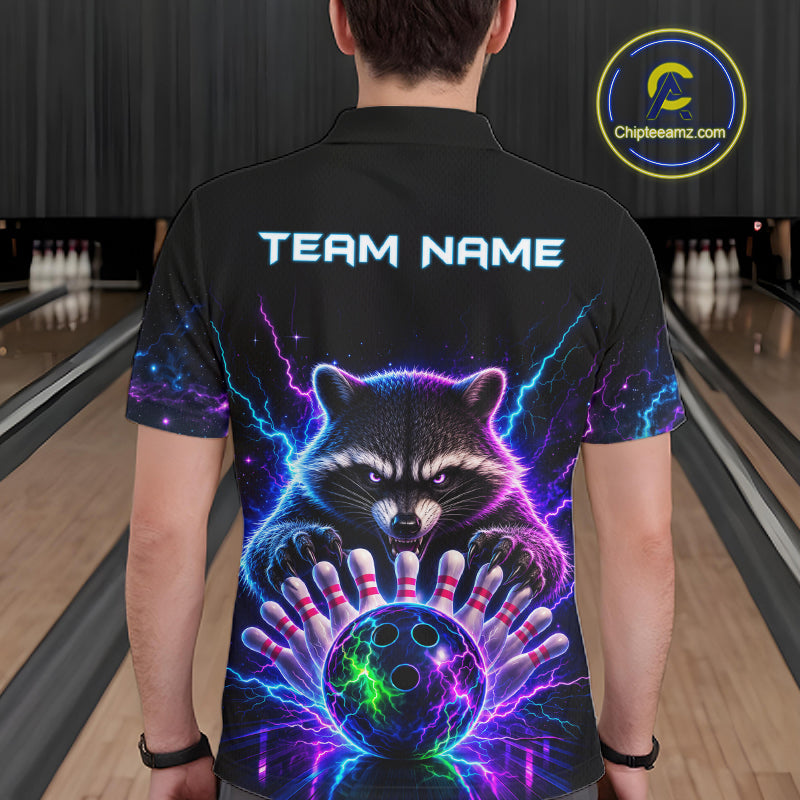 Back view of man wearing a neon raccoon bowling polo shirt inside a bowling alley.