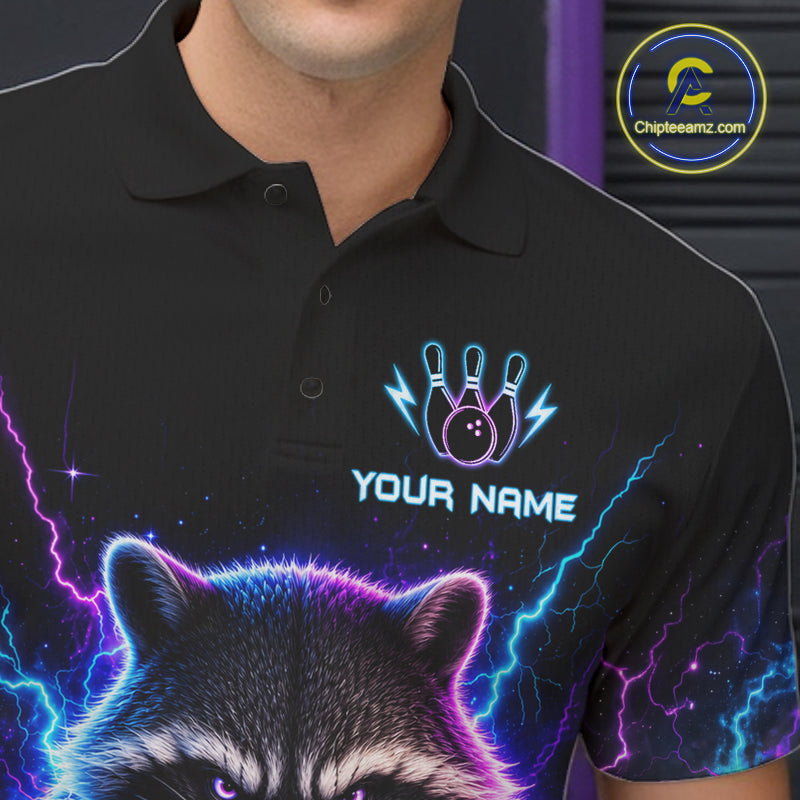 Close-up of a neon raccoon bowling polo shirt collar, buttons, and raccoon artwork details.
