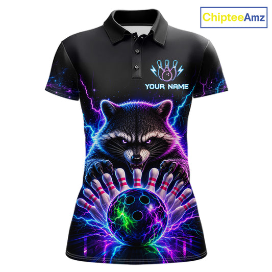 Neon raccoon bowling polo shirt for women with custom bowling team graphics.