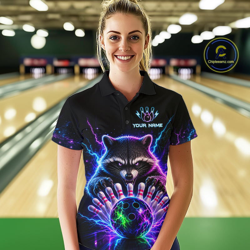 Woman wearing a neon raccoon bowling polo shirt at a bowling alley front view.