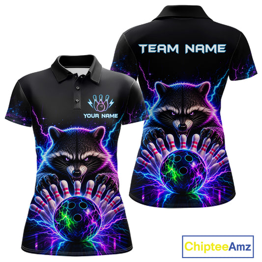 Neon raccoon bowling polo shirt for women with custom bowling team graphics.