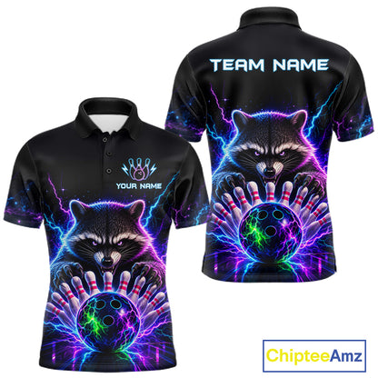 Neon raccoon bowling polo shirt for men with custom bowling team graphics.