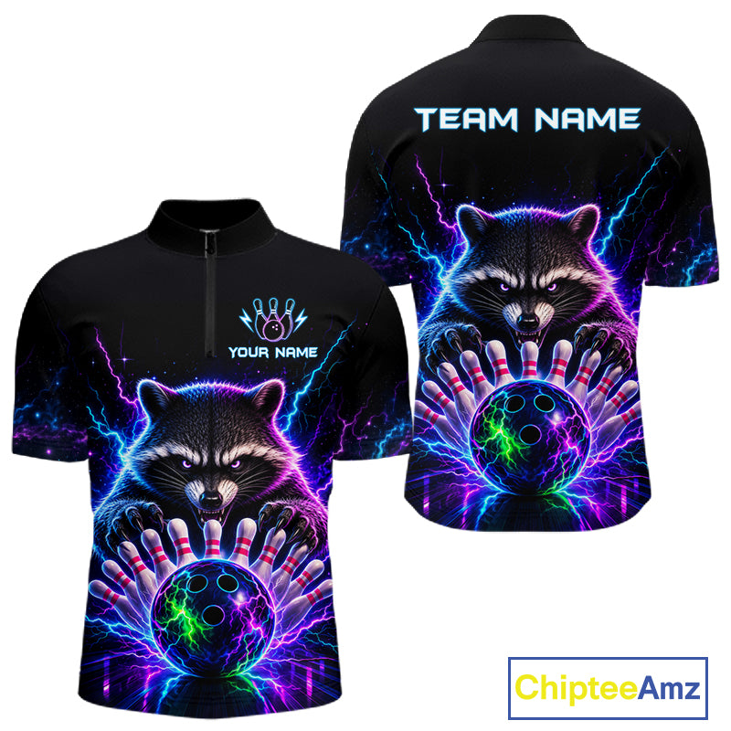Neon raccoon bowling quarter zip shirt for men designed for league tournaments and team events.