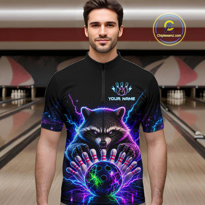 Man wearing a neon raccoon bowling quarter zip jersey during league competition front view.