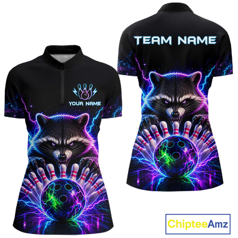 Neon raccoon bowling quarter zip shirt for women designed for league tournaments and team events.
