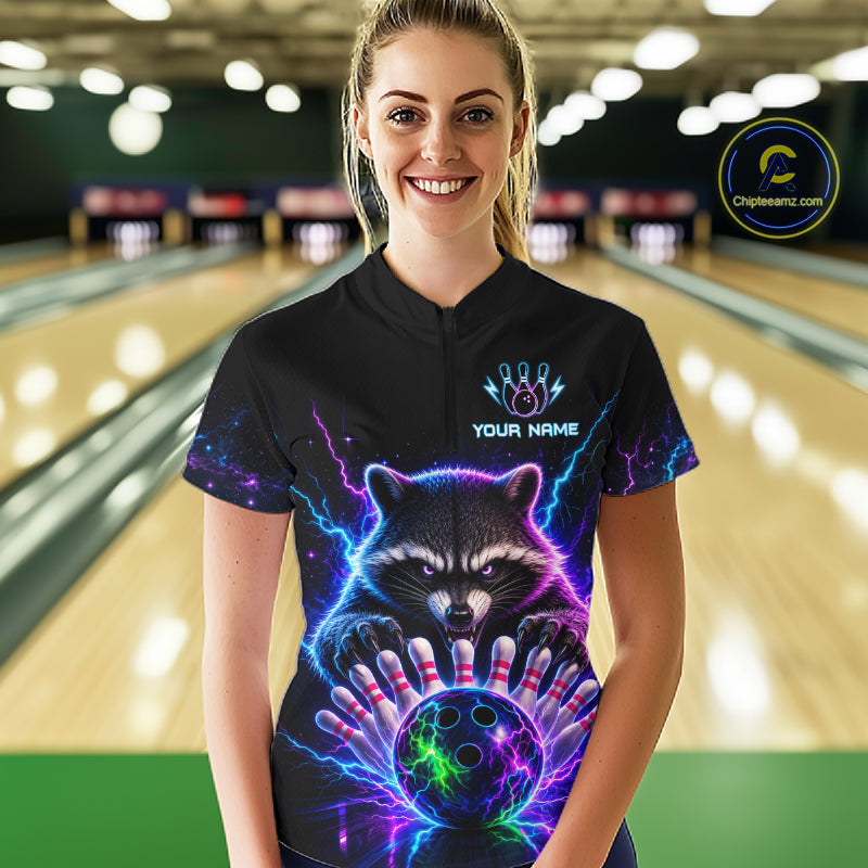 Woman wearing a neon raccoon bowling quarter zip jersey during league competition front view.