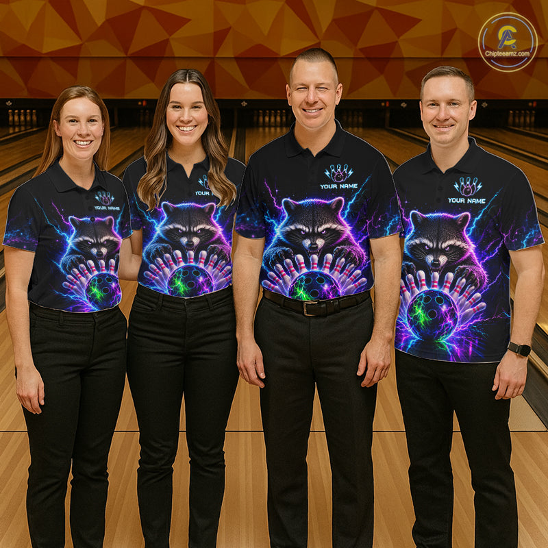 Bowling team wearing matching neon raccoon bowling jerseys during league matches front view.