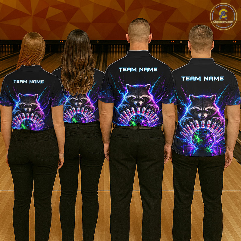 Back view of bowling team wearing matching neon raccoon bowling shirts in a bowling alley.