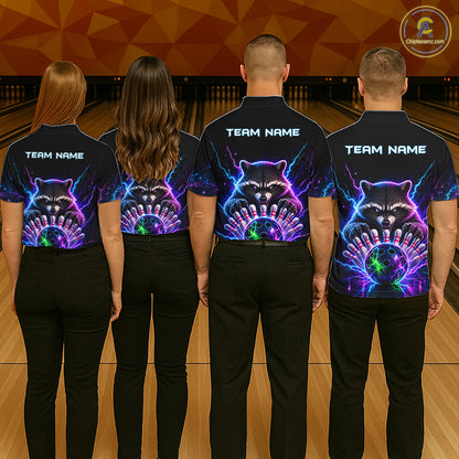 Back view of bowling team wearing matching neon raccoon bowling shirts in a bowling alley.