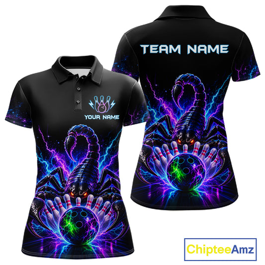 Neon scorpion bowling polo shirt for women with custom bowling team graphics.