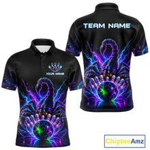 Load image into Gallery viewer, Neon scorpion bowling polo shirt for men with custom bowling team graphics.